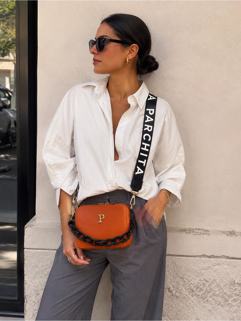 Parchita Cognac Leather Crossbody Bag with Chain Detail
